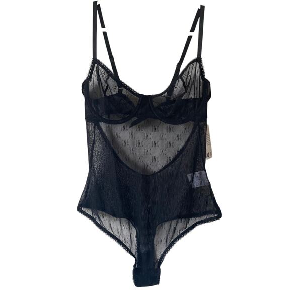 NEW INC INTERNATIONAL Black Sheer Bodysuit Lingerie Logo Print Size Medium Sexy - Picture 1 of 5
